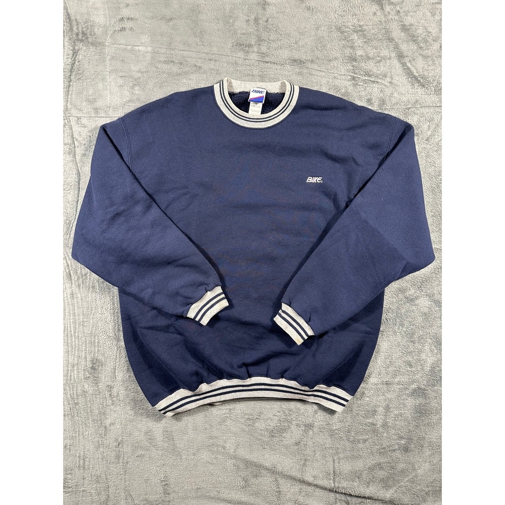 Vintage Bike Sweatshirt Mens XL Navy Blue Striped Trim Made in USA Athletic Logo